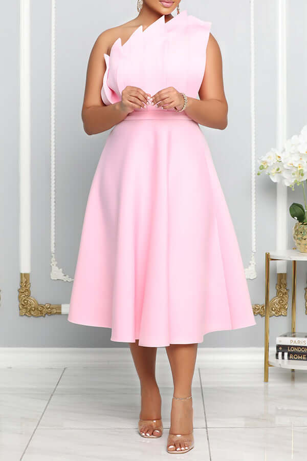W&W Mode | One Shoulder Midi Kleid Elegante A-linie Passform Skulpturierte Details Festliche Kleidung