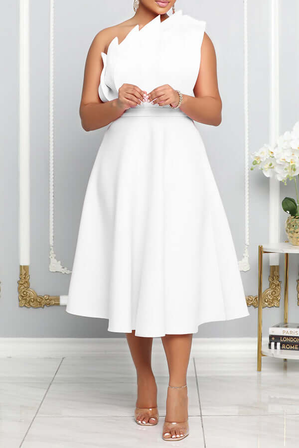 W&W Mode | One Shoulder Midi Kleid Elegante A-linie Passform Skulpturierte Details Festliche Kleidung