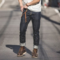 WW | Raw Selvage Denim Jeans Mit Graffiti Und Ponyhaar Patch Für Männer