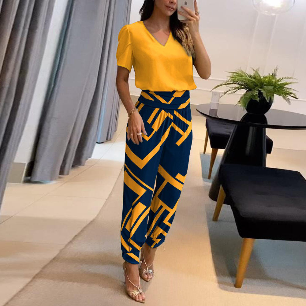 WW | Gedruckte Bluse Und Hosen Satz Luxe Ganzjahres Outfit Mit Atmungsaktivem Stoff