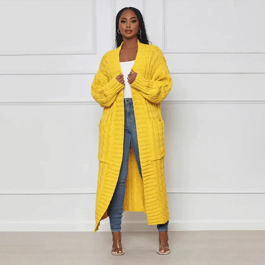 WW | Damen Strickcardigan mit Zopfmuster – Offener Oversize Mantel für Herbst & Winter