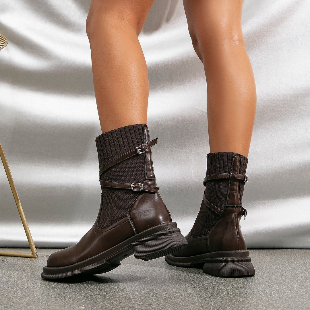 Braune Damen-Ankle-Boots mit Wickelriemen und hohem Absatz