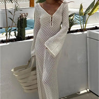 WW | Maxi Strickkleid Häkeltextur V-ausschnitt Lange Ärmel Fließender Boho Stil