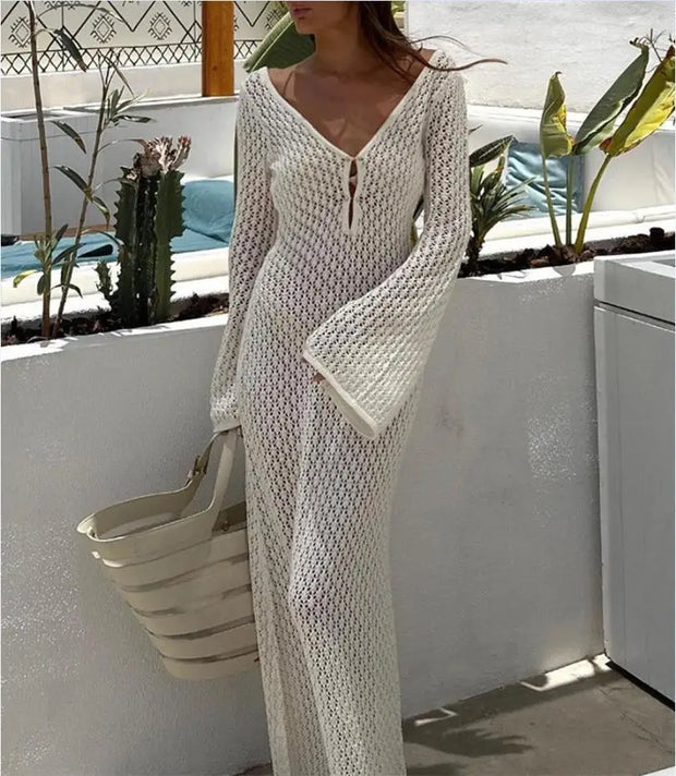WW | Maxi Strickkleid Häkeltextur V-ausschnitt Lange Ärmel Fließender Boho Stil
