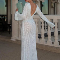 WW | Maxi Strickkleid Häkeltextur V-ausschnitt Lange Ärmel Fließender Boho Stil