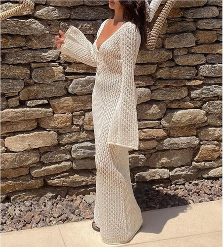 WW | Maxi Strickkleid Häkeltextur V-ausschnitt Lange Ärmel Fließender Boho Stil