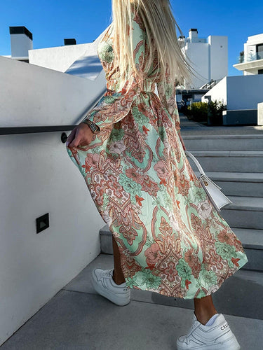 WW | Bedrucktes Slim Fit Kleid mit langen Ärmeln für Frauen