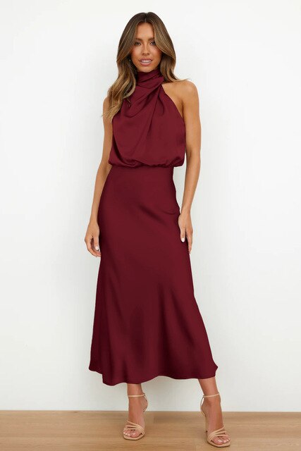 W&W Mode | Elegantes Satin-Halterhalskleid für Frauen