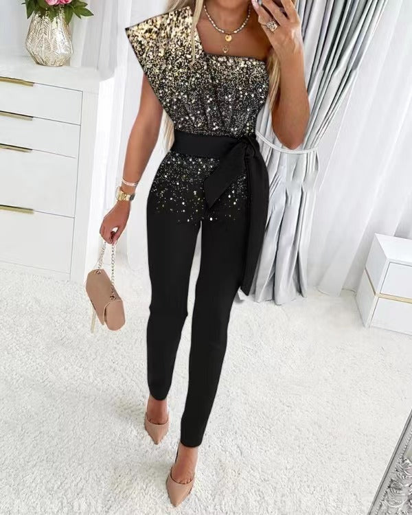 W&W Mode | One Shoulder Jumpsuit Mit Pailletten Und Taillenband