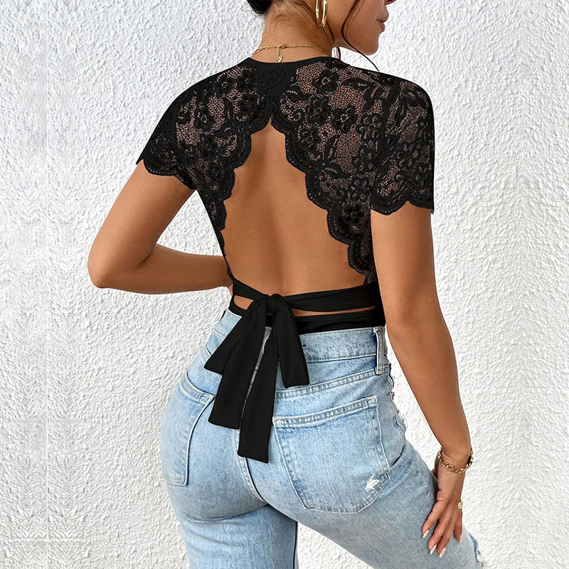 Damen rückenfreier Bodysuit mit Rundhalsausschnitt