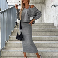 WW | Set Damen Midi Bodycon Kleid & Sweatshirt Outfit