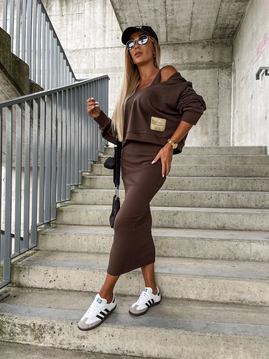 WW | Set Damen Midi Bodycon Kleid & Sweatshirt Outfit