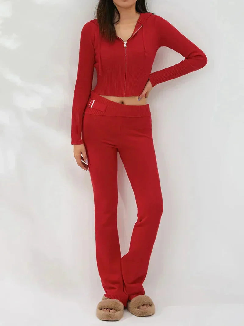 Damen-Strick-Set mit Kapuzenjacke und Hose mit weitem Bein
