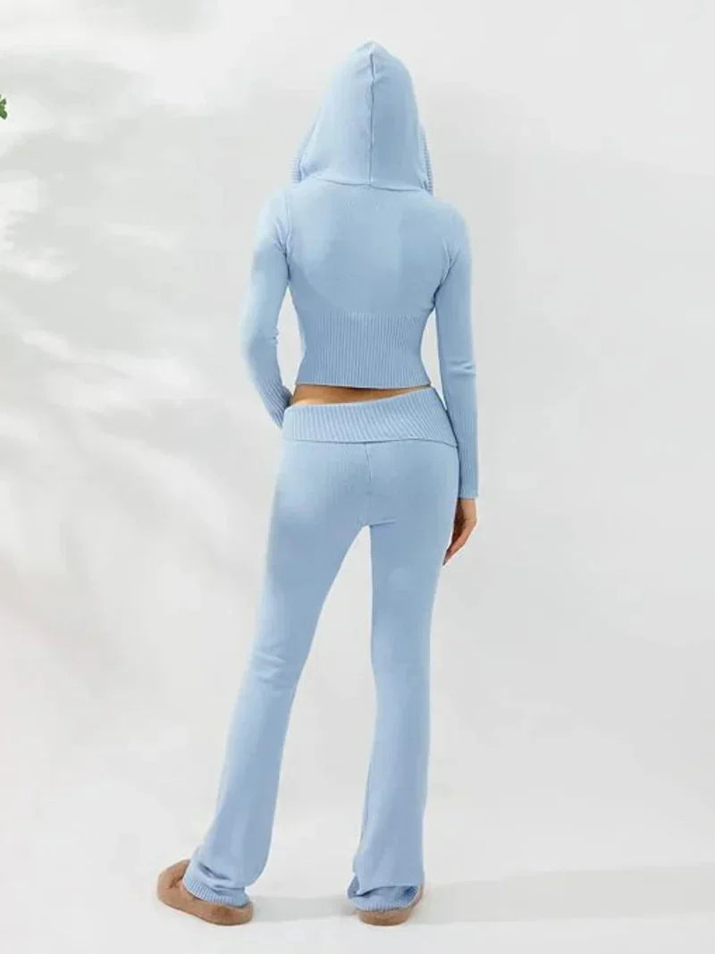 Damen-Strick-Set mit Kapuzenjacke und Hose mit weitem Bein