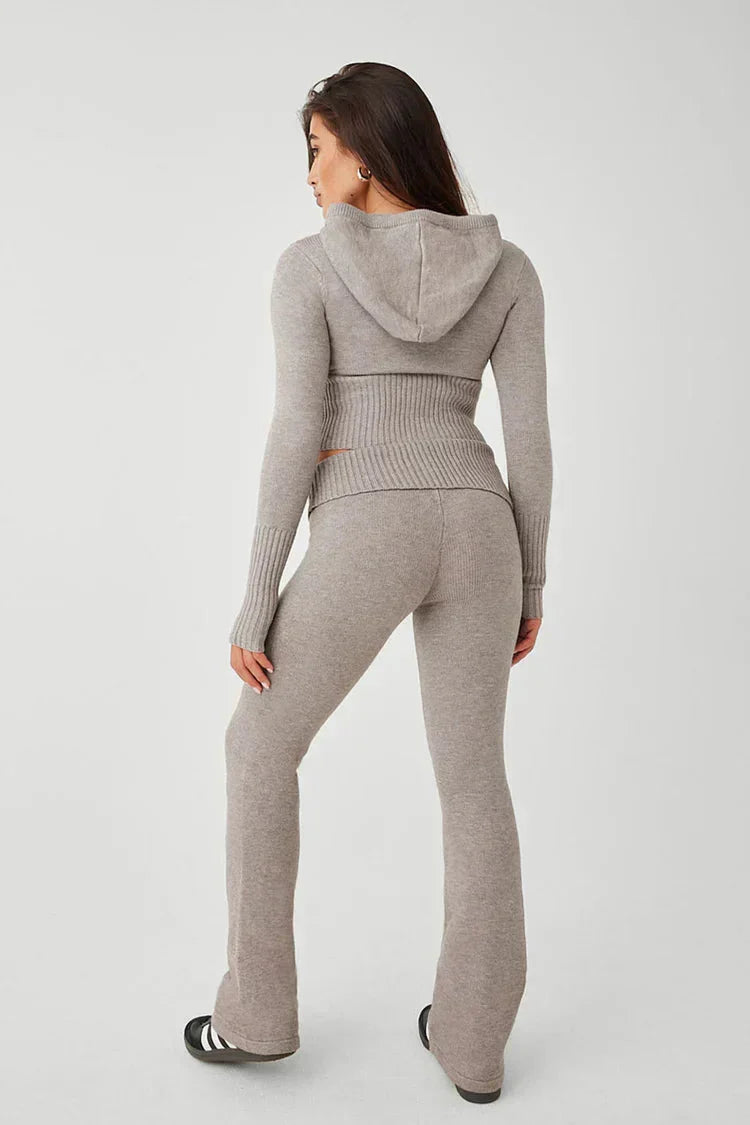 Damen-Strick-Set mit Kapuzenjacke und Hose mit weitem Bein