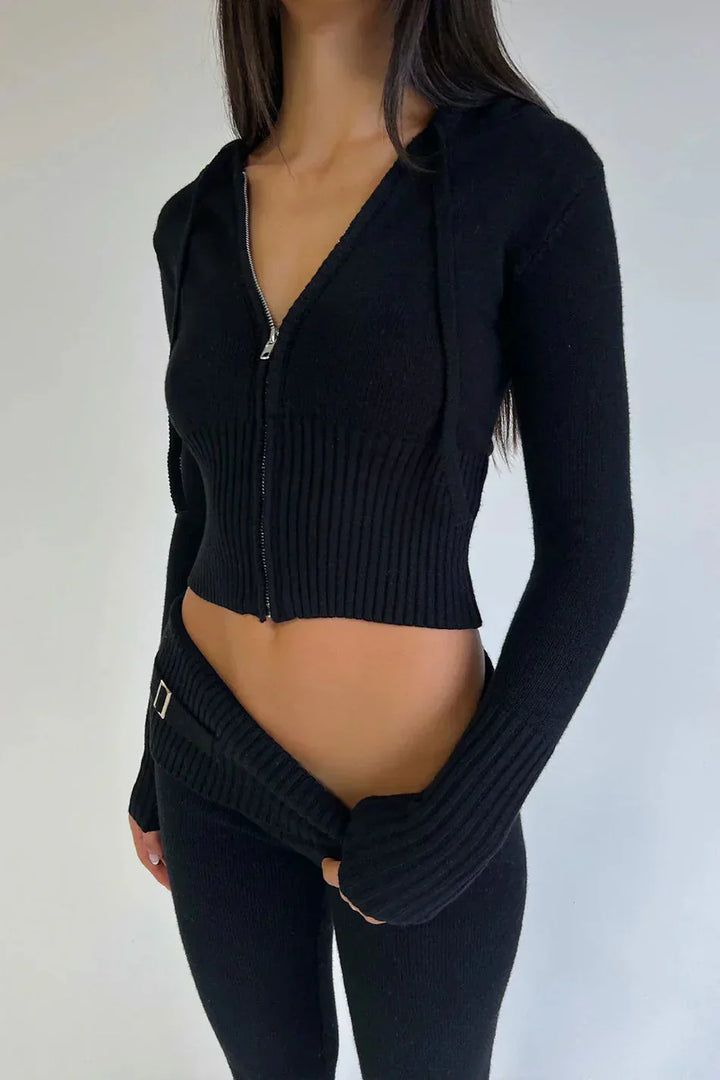 Damen-Strick-Set mit Kapuzenjacke und Hose mit weitem Bein