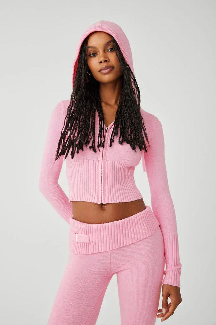 Damen-Strick-Set mit Kapuzenjacke und Hose mit weitem Bein