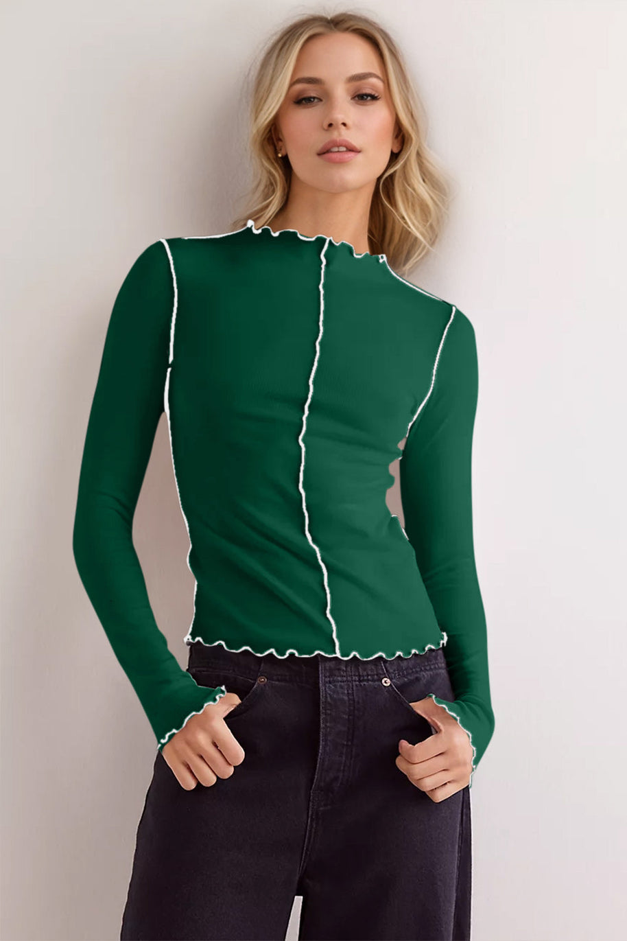 WW | Basic Bae Kontrastbesatz Mock Neck Langarm T-Shirt