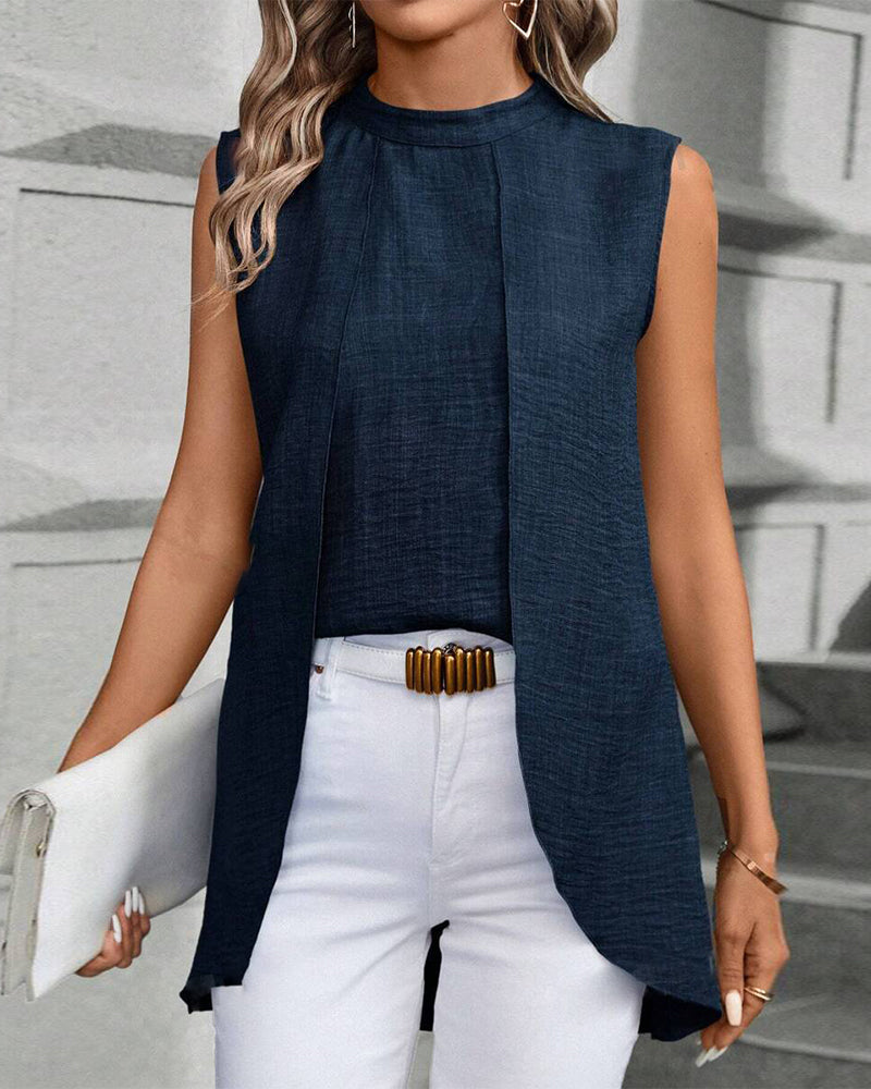 WW | Elegante einfarbige ärmellose Bluse im falschen Lagenlook