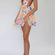 WW | V-Ausschnitt Offene Rücken Pailletten Blumen Binde A-Linie Mini Kleid