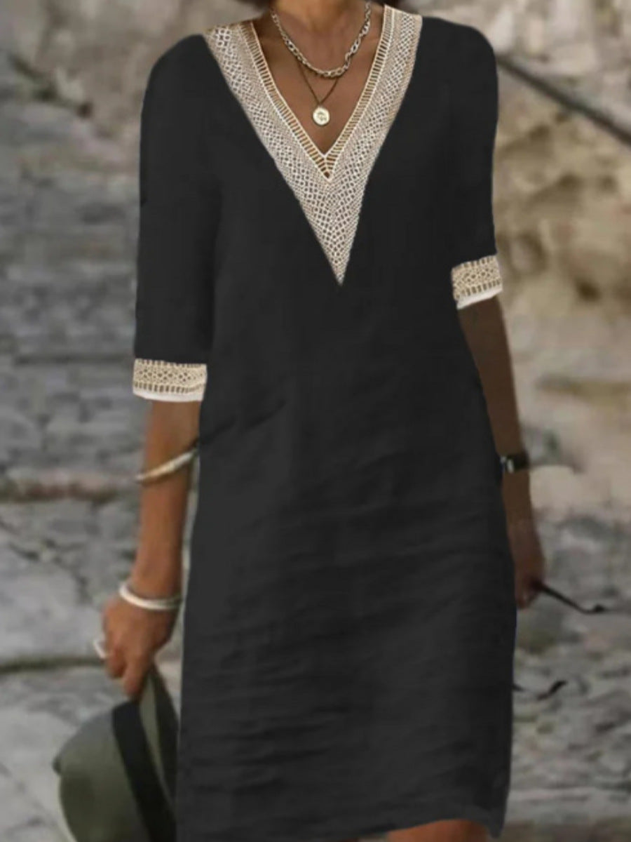 W&W Mode | Schlichtes Baumwoll Leinen Kleid Mit V-Ausschnitt Und Halben Ärmeln