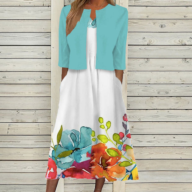 WW | Glamouröses Lilafarbenes Midikleid Mit Blumendruck Und Jacke