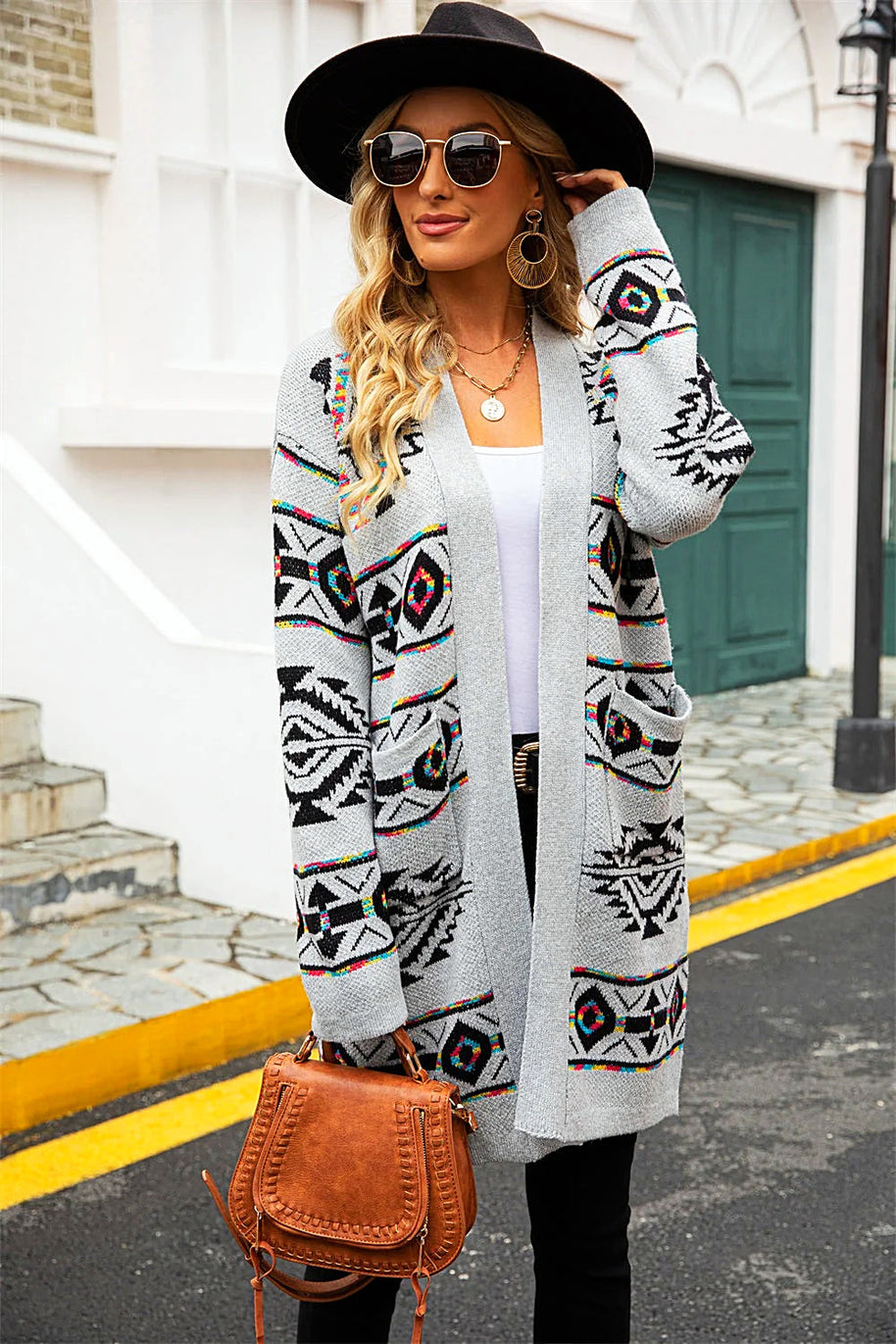 WW | Langer Ethno-Strick-Cardigan für Damen