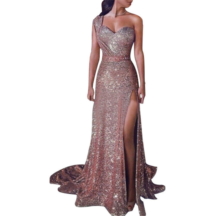 WW | Einseitiges Ärmelloses Glänzendes Split Kleid