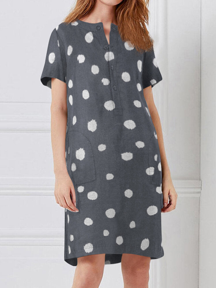 WW | Punkt Druck Baumwolle Knöpfe Taschen Frauen Midi Kleid