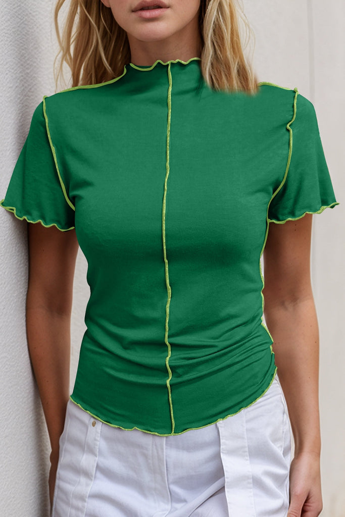 WW | Basic Bae Kontrastbesatz Mock Neck Kurzarm T-Shirt