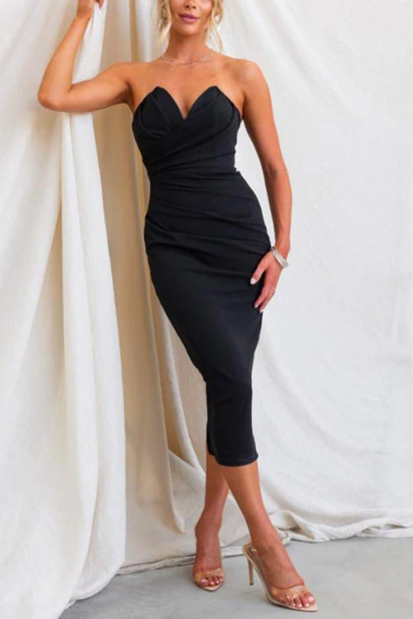 WW | 8 Farben Strapless Tube Top Rüschen Rücken Schlitz Midi Party Kleid