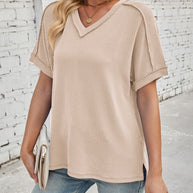 WW | Cord-Ripp V-Ausschnitt Kurzarm T-Shirt