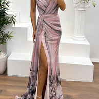 WW | In A Dreamland Chiffon Floral Print Off Shoulder Pleated Scarf Slit Maxi Kleid
