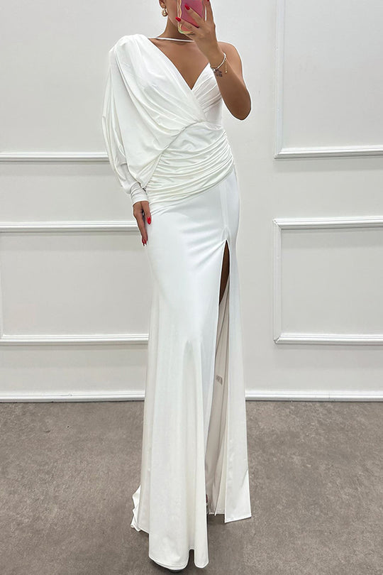 WW | Like Venus Ein Schulter Bat Sleeve Raffung Detail Schlitz Kleid Maxi Dress