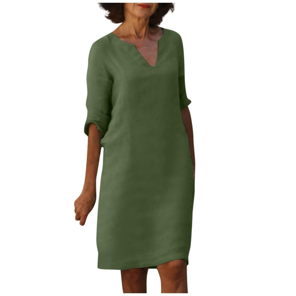 WW | Baumwolle und Leinen V-Ausschnitt Kleid Sommer Nähen Retro Hohe Taille Einfarbige Kleider