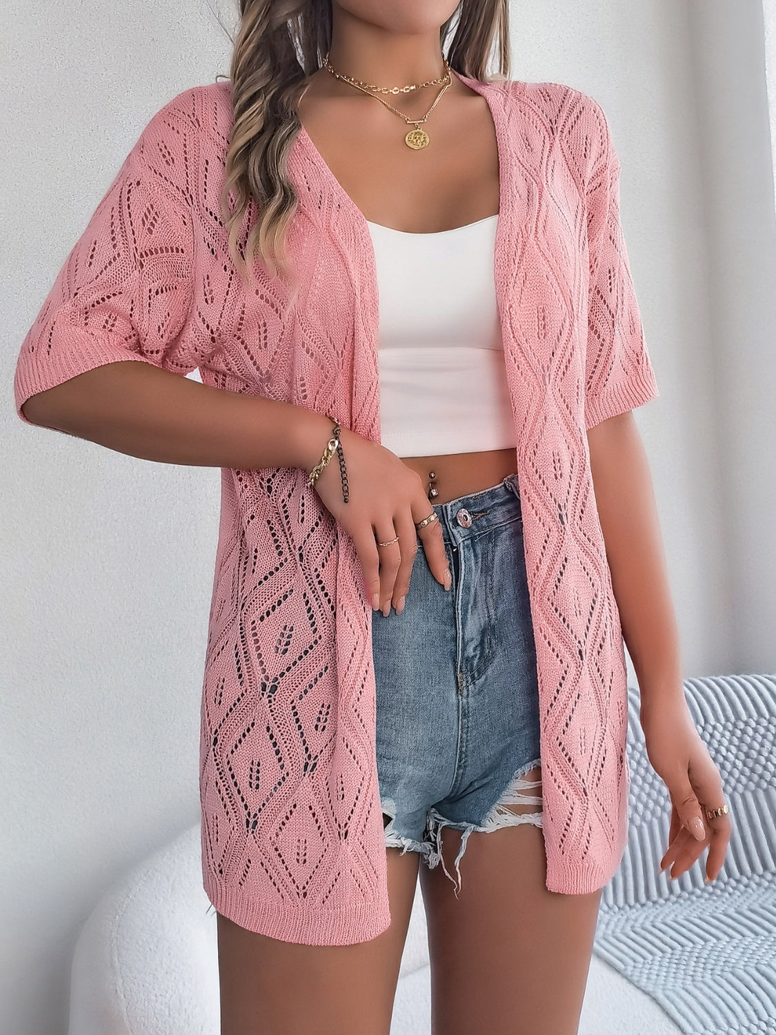 WW | Durchbrochene Offene Front Halbarm-Cardigan