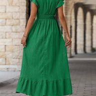 WW | Elegantes V-ausschnitt Kleid mit Hoher Taille und Rüsche Ärmeln