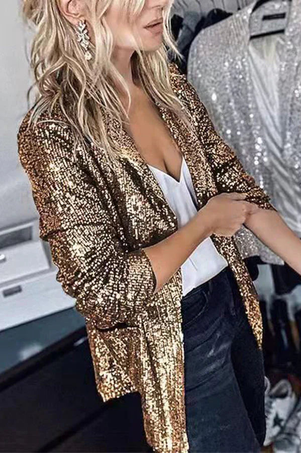 WW | Frauen Pailletten Blazer Mit Langen Ärmeln Und Revers