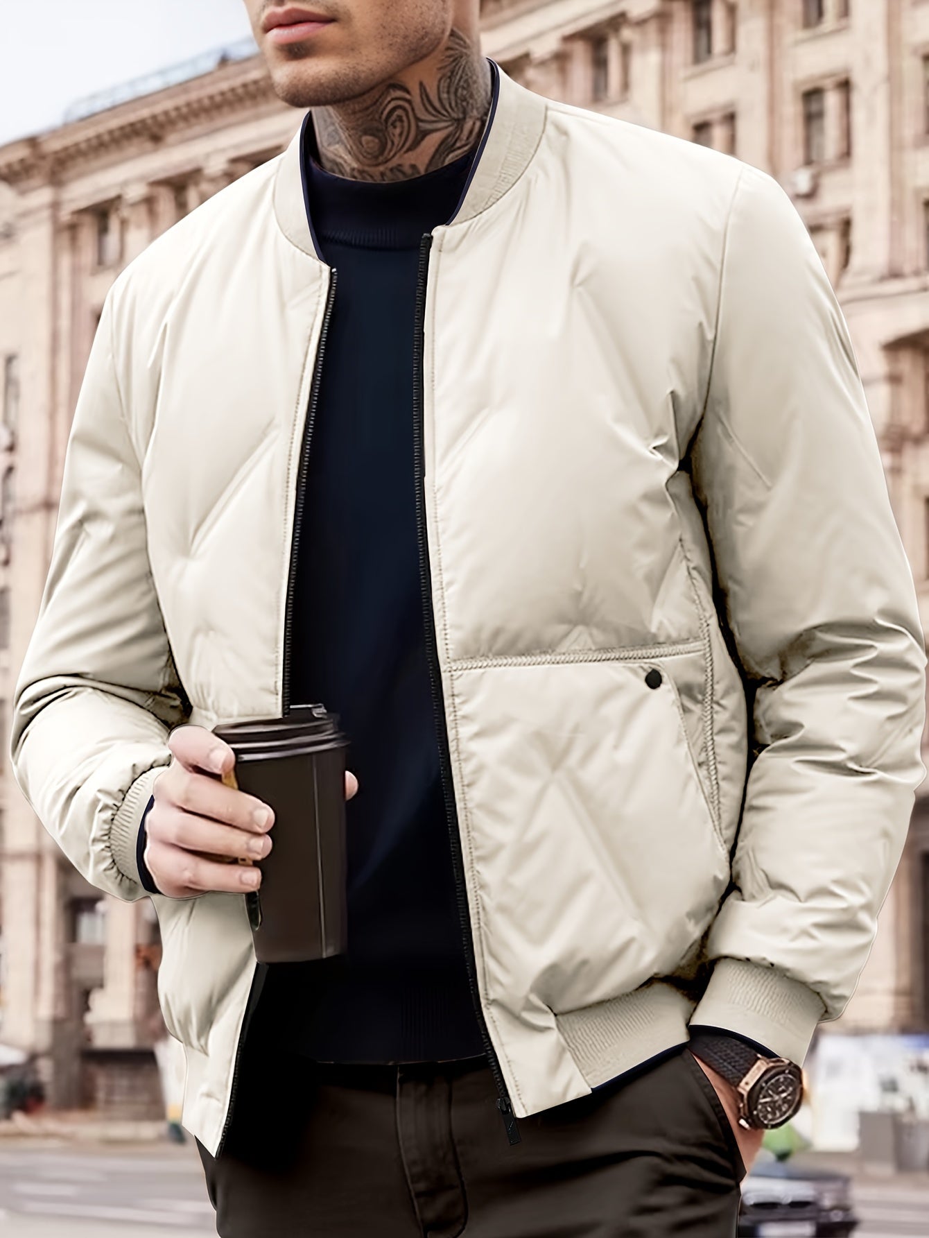 WW | Baseballkragen Reißverschluss Solides Fleece Mit Taschen Winterjacke Für Herren - Perfekt für Outdoor-Aktivitäten