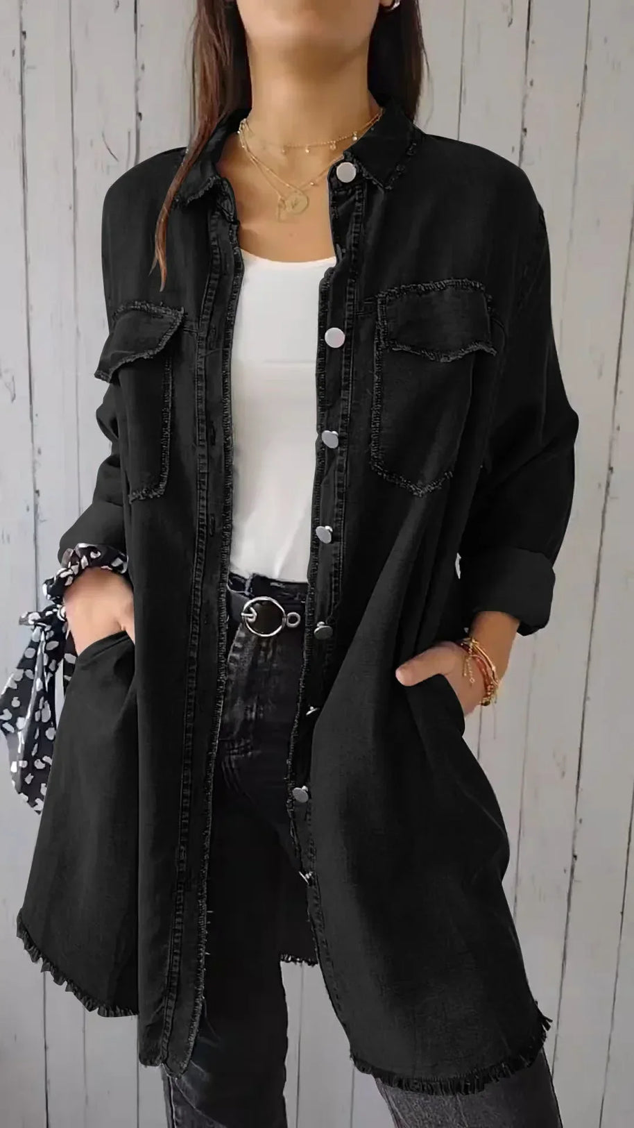WW | Bequeme Lange Hemdbluse aus Faux-Denim