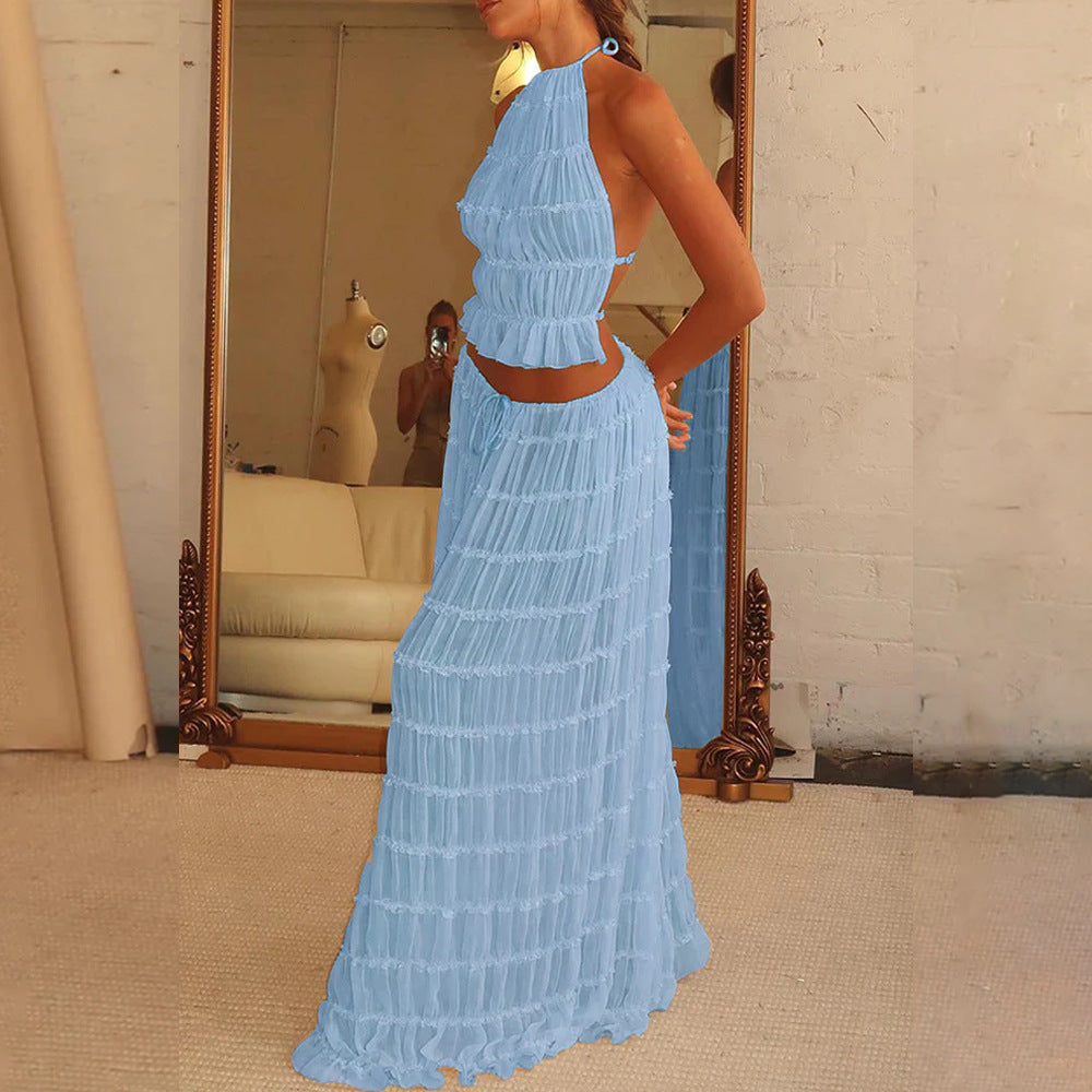 WW | Sexy Ärmelloses Backless Outfit Mit Gefaltetem Langem Kleid