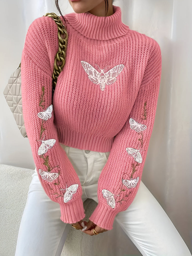 WW | Eleganter Cropped Rollkragenpullover mit Schmetterlingsmuster