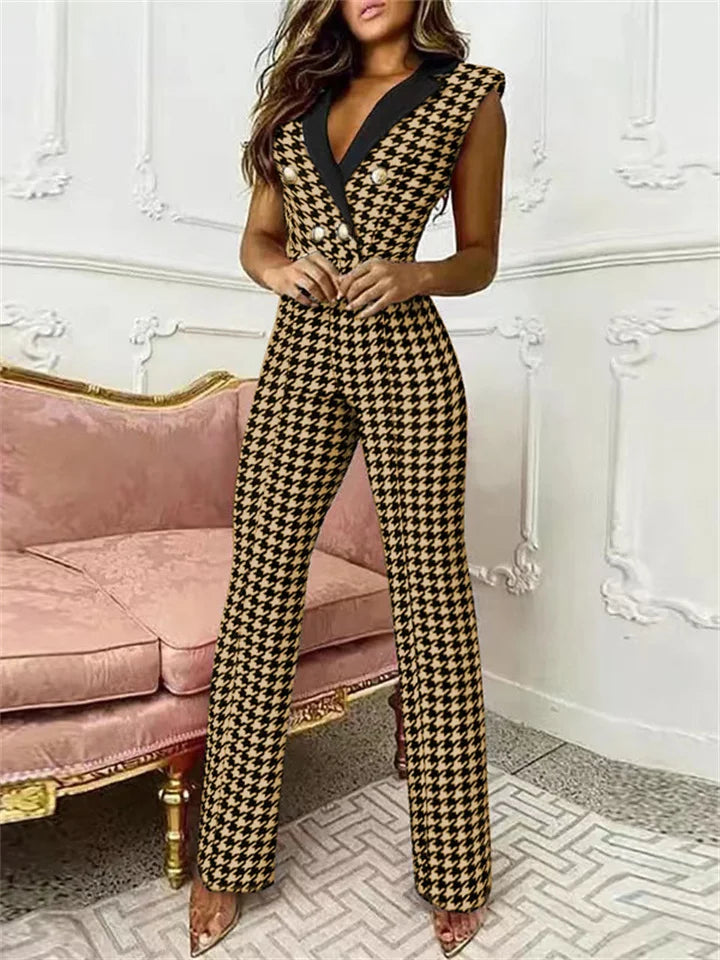 Damen-Jumpsuit mit V-Ausschnitt und Hahnentrittmuster