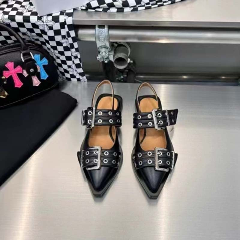 WW | Spitz Zehen Gürtel Schnalle Mules Leder Flach Sandalen
