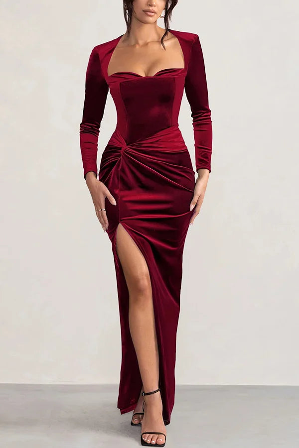 WW | Hollywood Glamour Samt Tief-V-Ausschnitt Langarm Verdrehte Schlitz Stretch Maxi Kleid