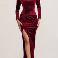 WW | Hollywood Glamour Samt Tief-V-Ausschnitt Langarm Verdrehte Schlitz Stretch Maxi Kleid