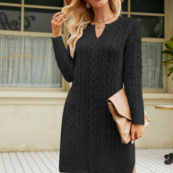 WW | Schicke Herbst-Kabel-Strickkleid mit Ausschnitt für Frauen