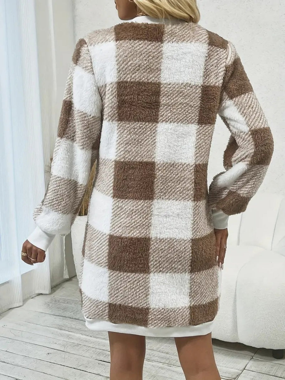 WW | Schicke Herbstbraune Kariert V-Ausschnitt Pulloverkleid für Frauen