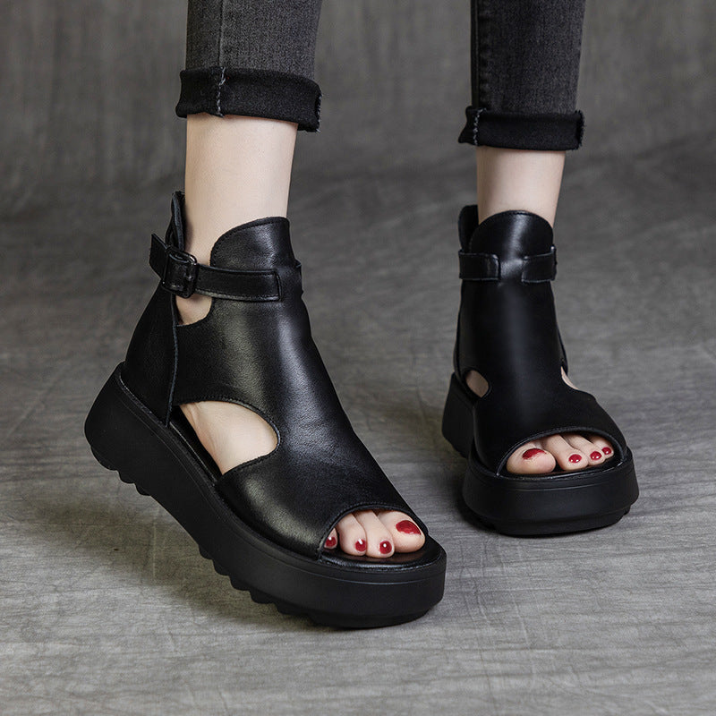 WW | Sommer Neu Retro Erste Schicht Rindsleder Rücken Peep Toe Sandalen für Frauen