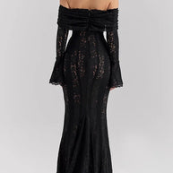 WW | Blumen Spitze Off Shoulder Flare Ärmel Fishtail Maxi Kleider - Weiß